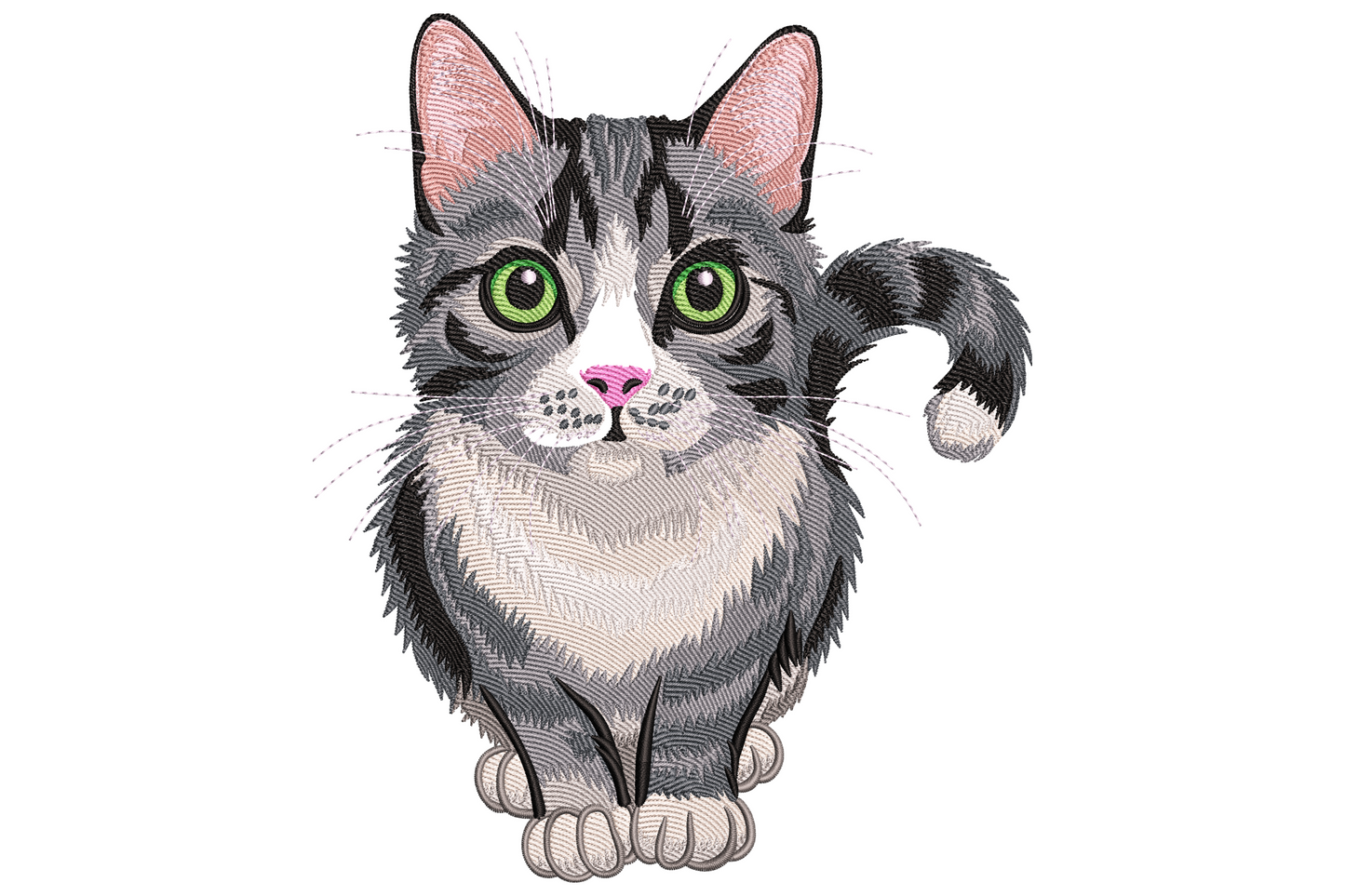Realistic tabby cartoon cat embroidery design with emerald green eyes, pink nose and white chest bib, 13 colours, 9 sizes, portrait illustration style.