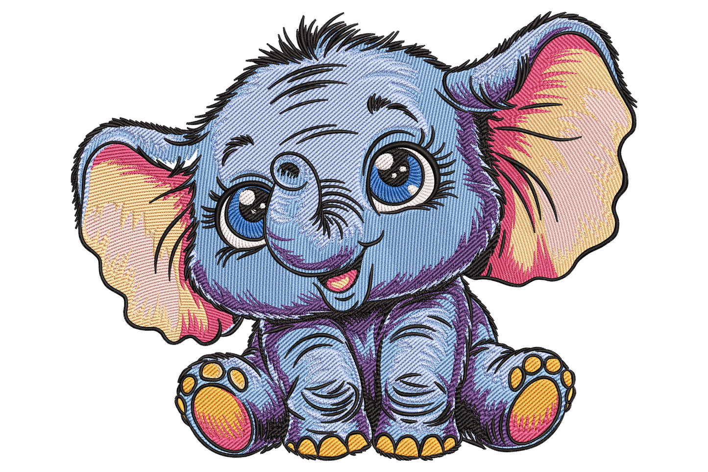 Cartoon baby elephant embroidery with big blue eyes, pink ears and fluffy blue-grey body, nursery and baby shower design, 7 sizes.