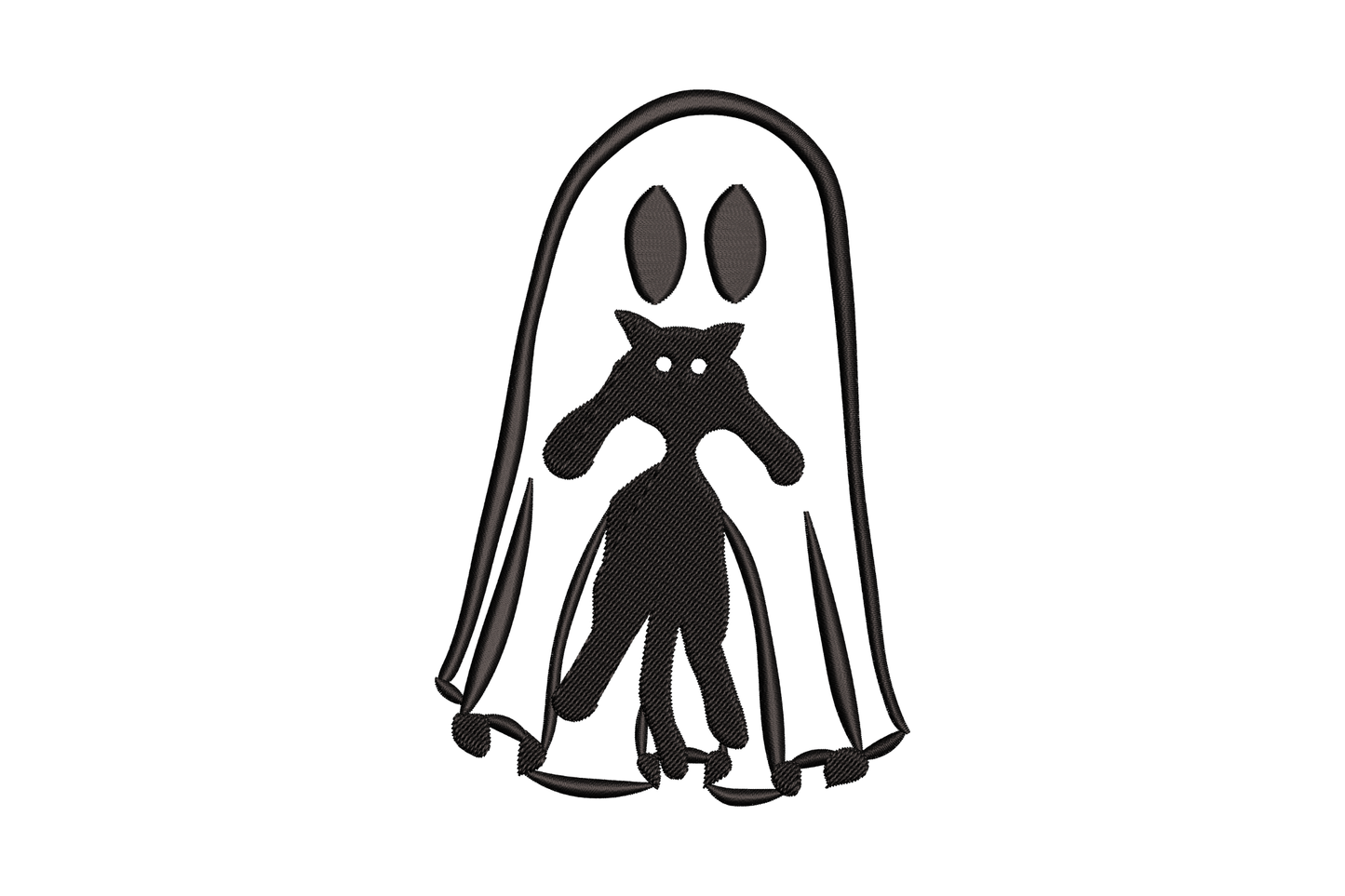Machine embroidery design of a cat hidden inside a ghost costume, only ears and paws visible, stitched in black on white fabric.