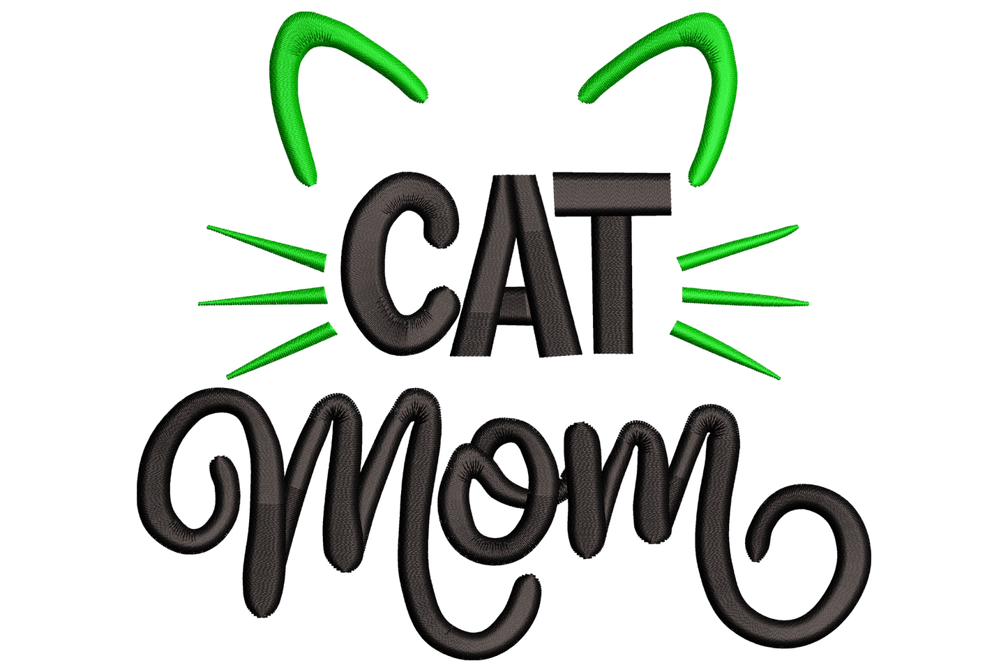 Cat Mom mothers day word art, green CAT block letters with cat ears and whiskers, curly black Mom cursive underneath.