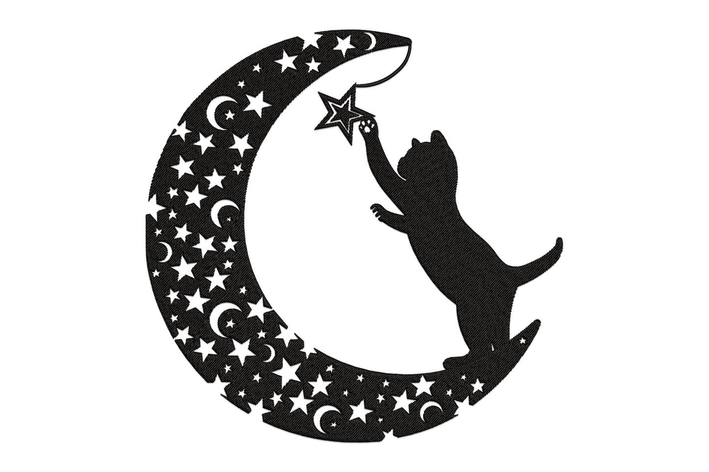 Cat moon star embroidery design showing a black cat silhouette reaching for a hanging star on a crescent moon filled with white star cutouts.