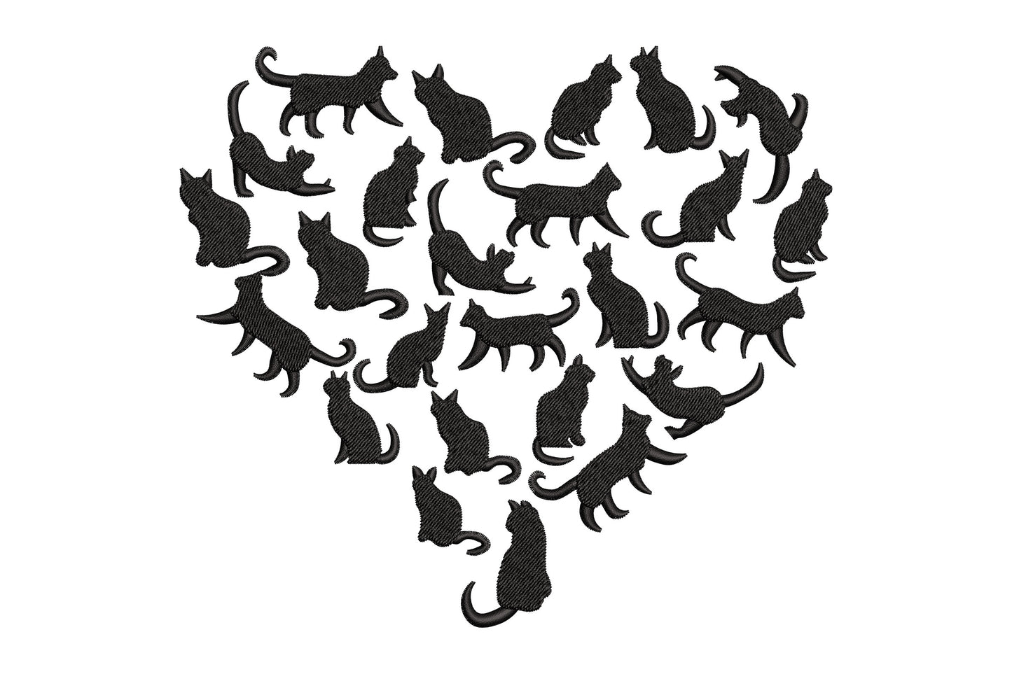 Cat silhouette heart embroidery design: ~25 tiny black cat shapes in varied poses forming a heart outline.
