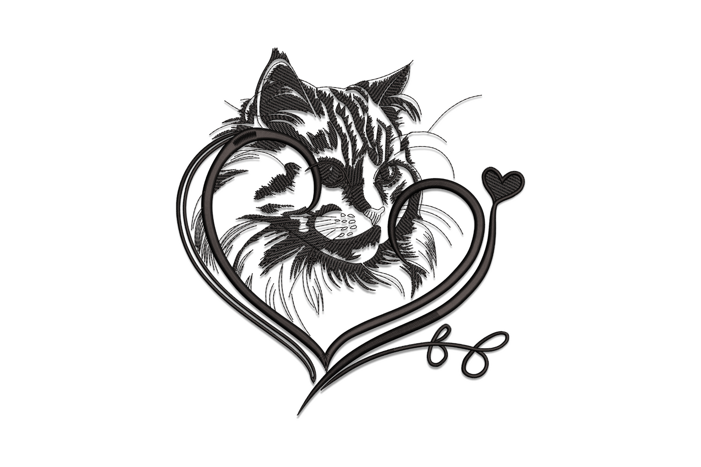 Cat face inside heart machine embroidery design, single black thread with detailed fur stitching and swirling heart frame.
