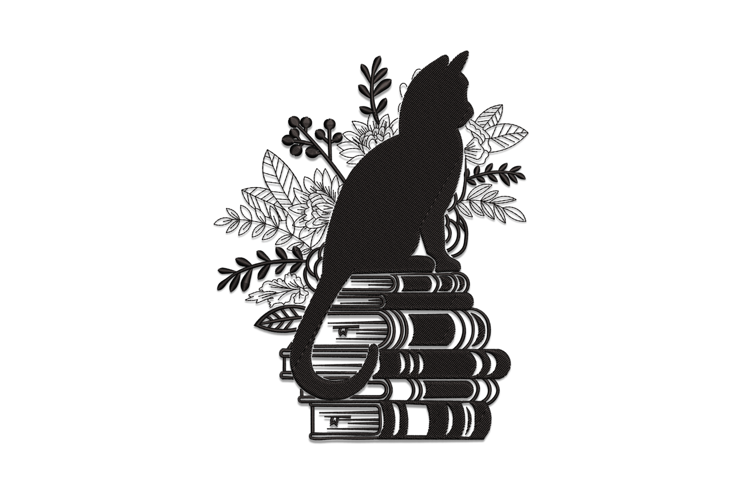 Black cat silhouette sitting on a stack of books with botanical leaf and berry outline stitching surrounding the composition