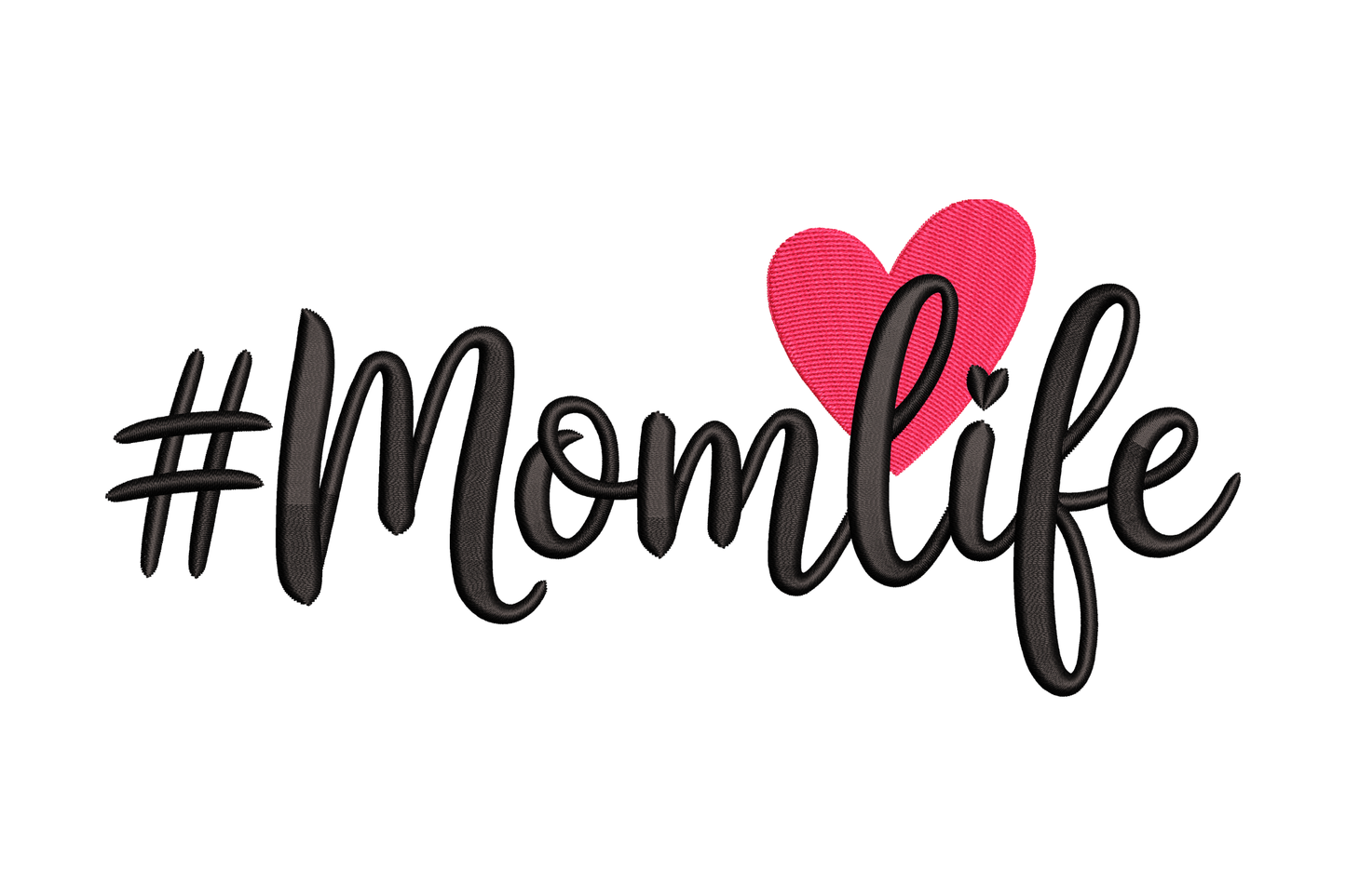 Text '#Momlife' with a red heart embroidery design