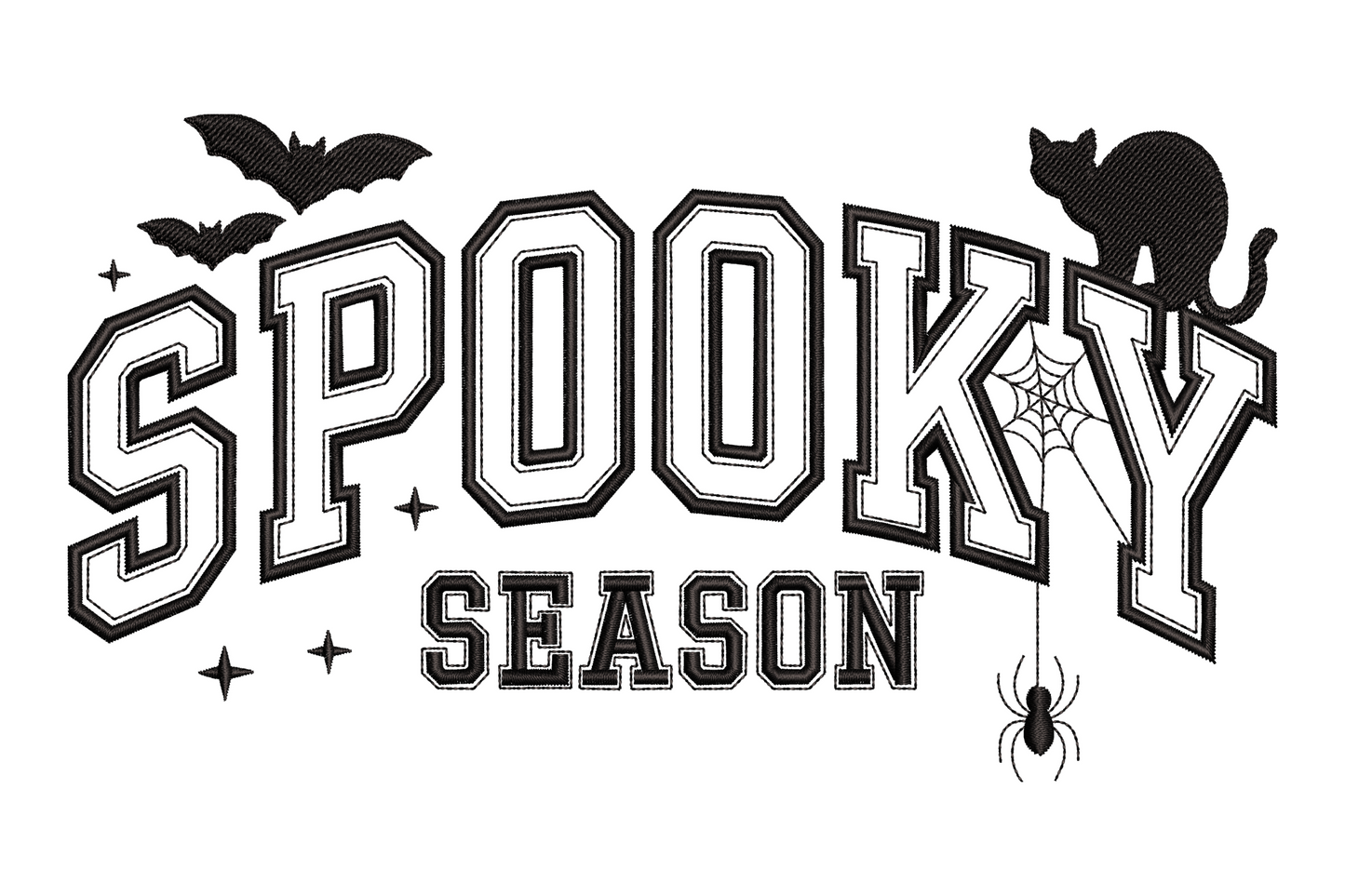Celebrate spooky season halloween embroidery design, two-tier text layout with bold brush lettering, single colour, 3.5 by 1.93 inches, seasonal machine embroidery.
