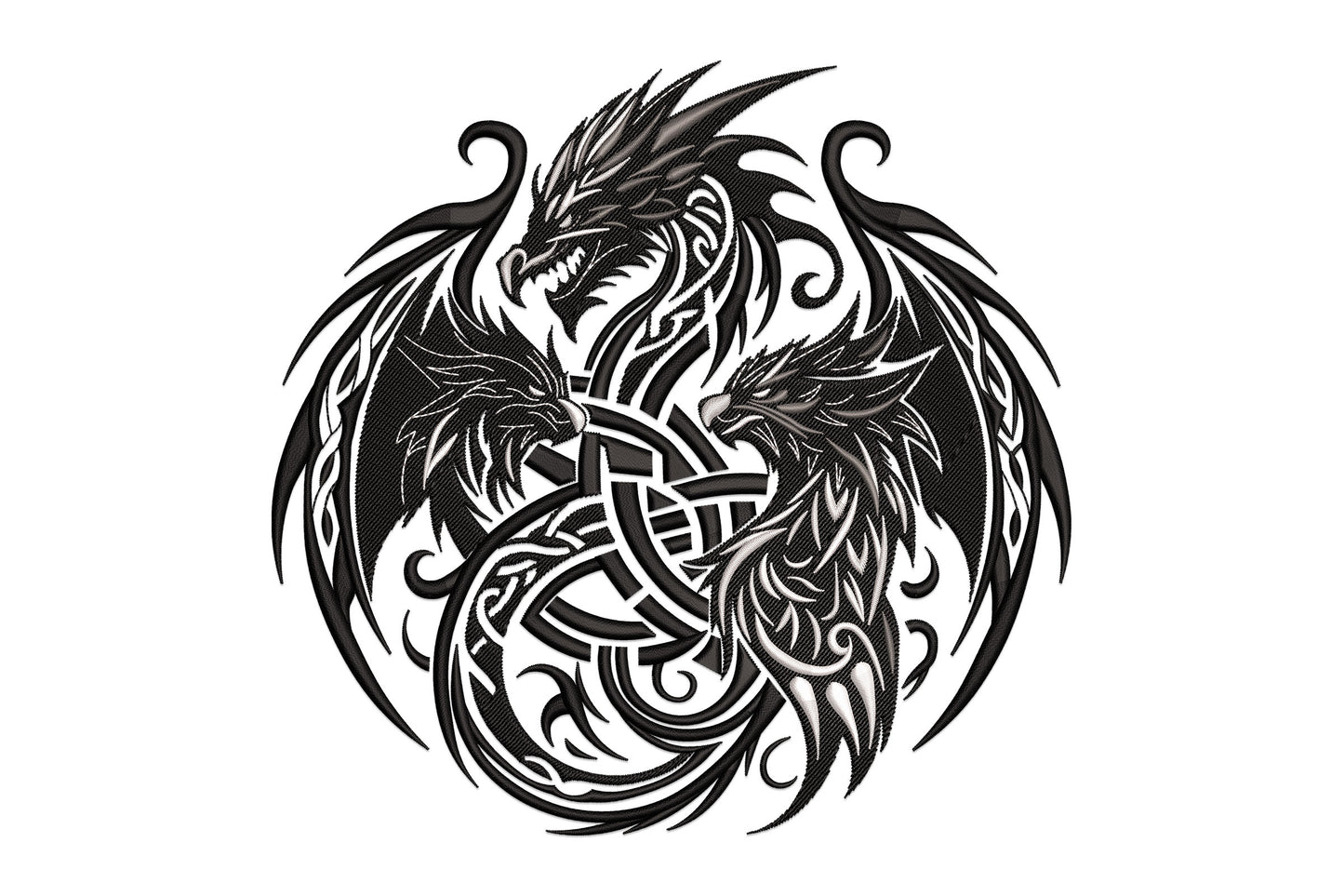 Celtic dragon knot embroidery with two intertwined dragons in a circular medallion, black white and grey.