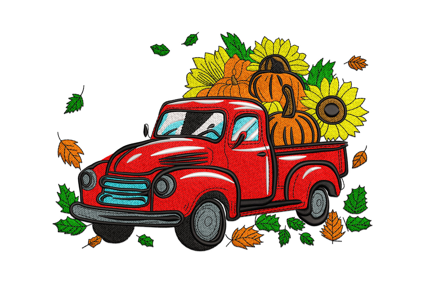 Charming fall truck embroidery design showing a vintage red pickup truck loaded with orange pumpkins and yellow sunflowers, surrounded by scattered autumn leaves in green and amber.