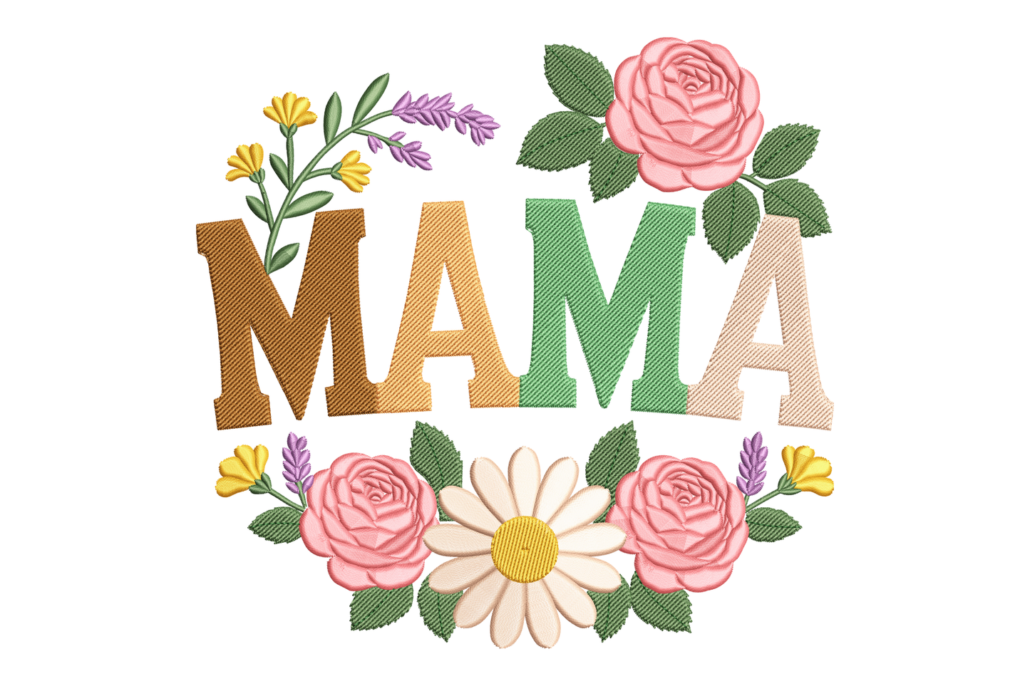 Embroidery design with 'MAMA' letters surrounded by flowers