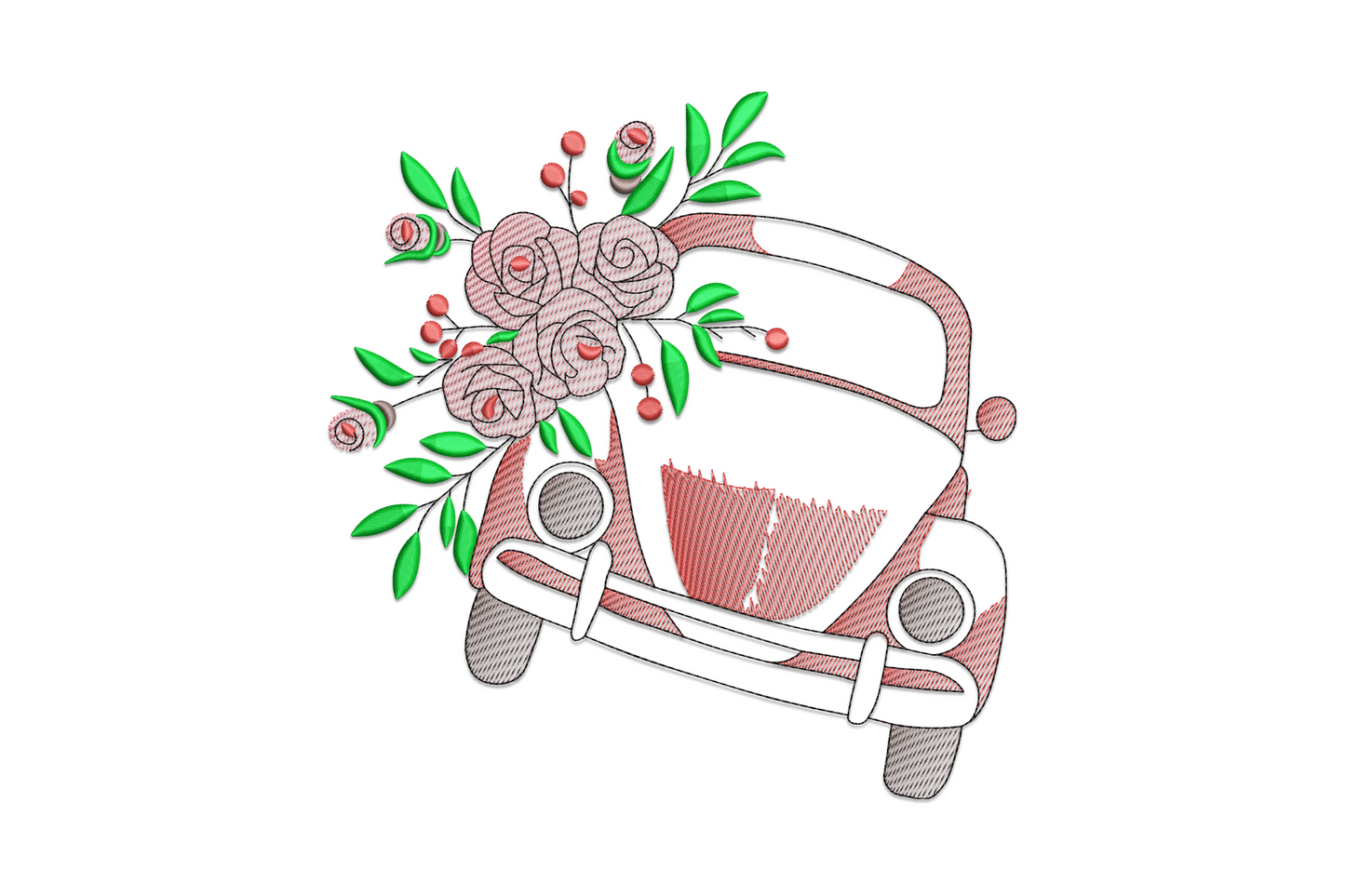 Floral vintage car embroidery design showing a classic rounded retro car with flowers spilling from the boot in pastel thread colours on cream linen