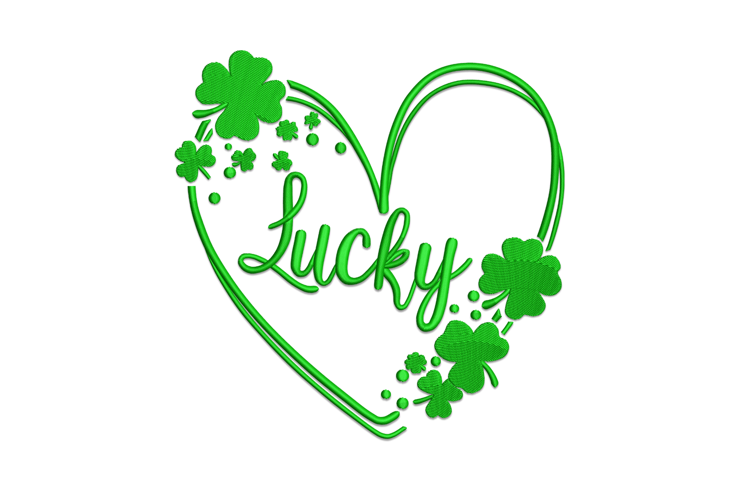 Charming lucky shamrock heart embroidery, thin double running-stitch heart outline with Lucky script inside and scattered shamrock clusters, single kelly green.
