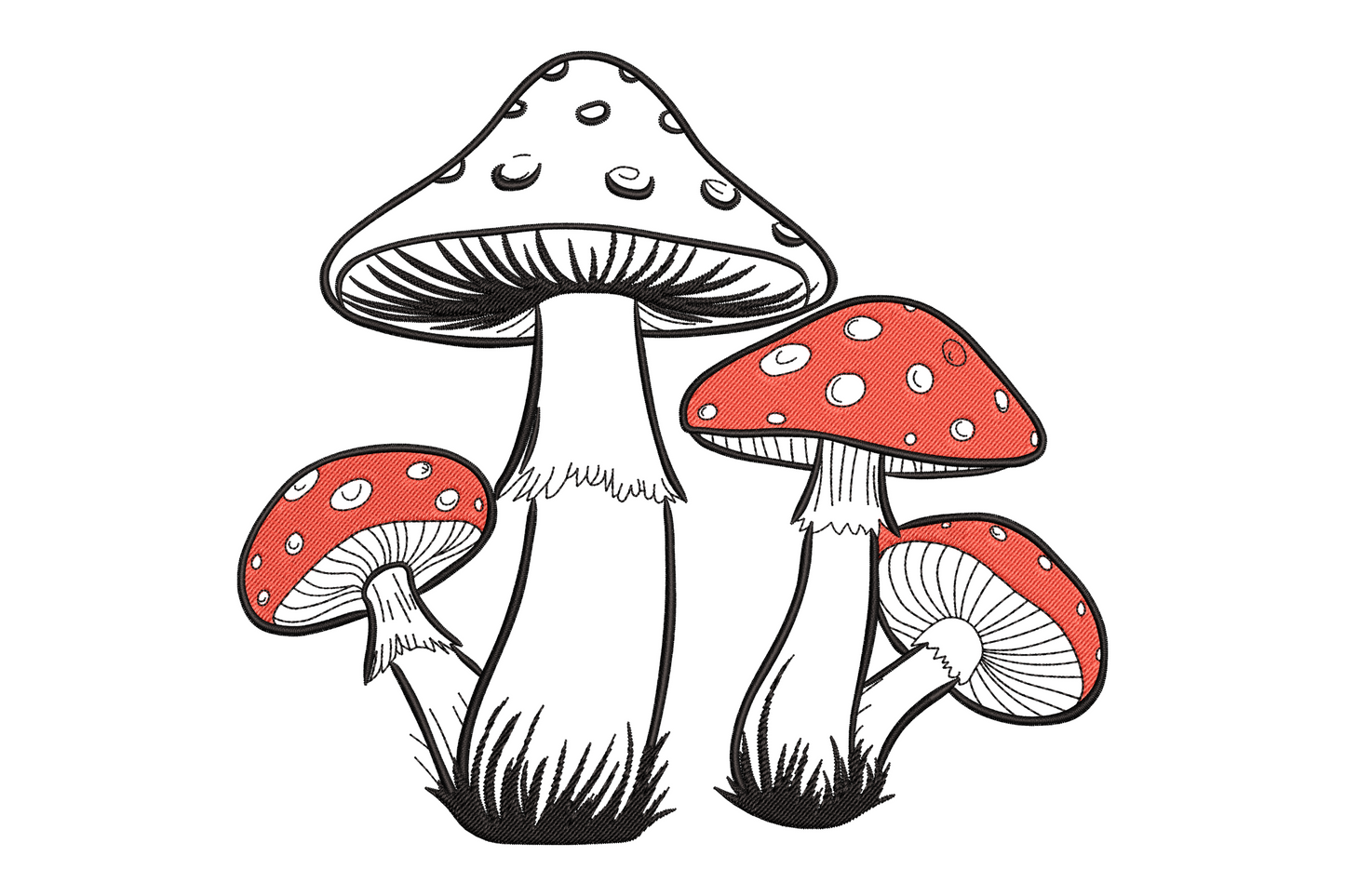 Charming mushroom embroidery design showing four amanita toadstools with red spotted caps and fine black hatching on stems.