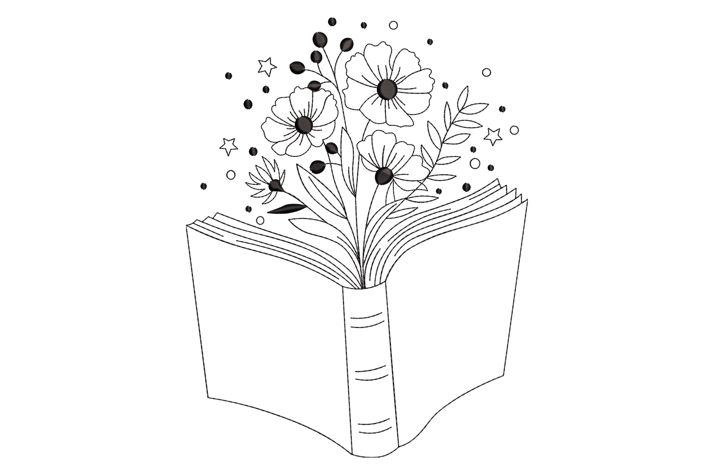 Charming open book embroidery design with flowers, leaves and stars rising from open pages in clean black outline on white.