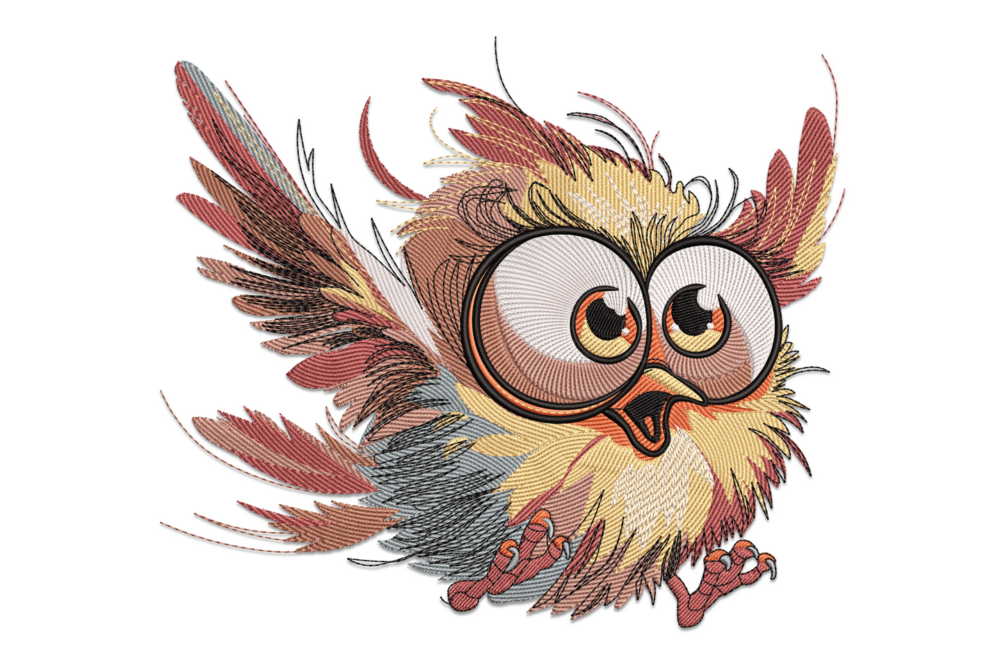 Charming owl embroidery design, full-body perched owl with layered brown and cream feathers, large yellow eyes, eight-colour woodland bird style.