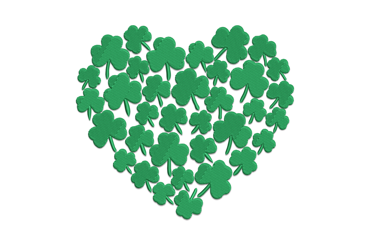 Heart shape built from tightly arranged shamrock leaves, single green, charming Irish St Patricks Day embroidery.
