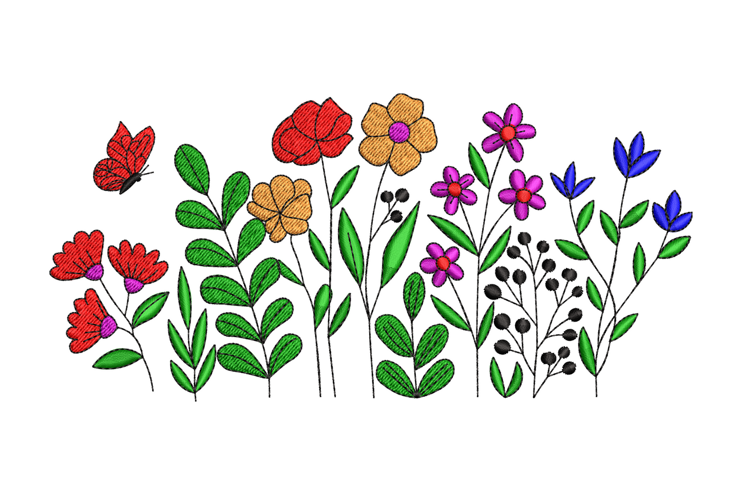 Wildflower butterfly border embroidery, red butterfly with poppies, magenta cosmos, blue tulips and black berry sprig.