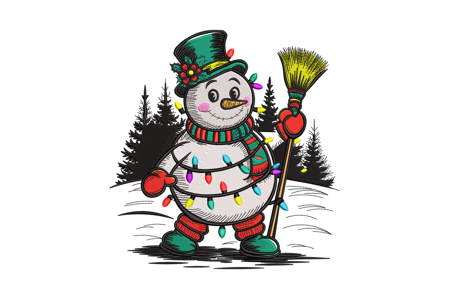 Cheerful Christmas snowman machine embroidery design with multi-color string lights, teal top hat, striped scarf and pine tree background, 10 colors