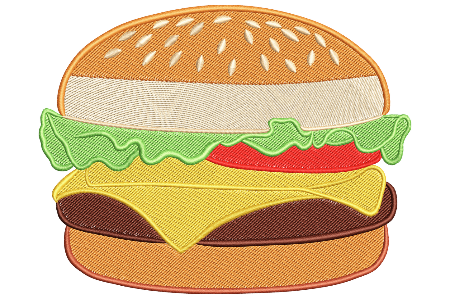 Cheeseburger embroidery design showing stacked layers front-on: sesame seed bun, white onion, curly green lettuce, red tomato, yellow cheese and dark beef patty on the base bun, all in bold flat fills.