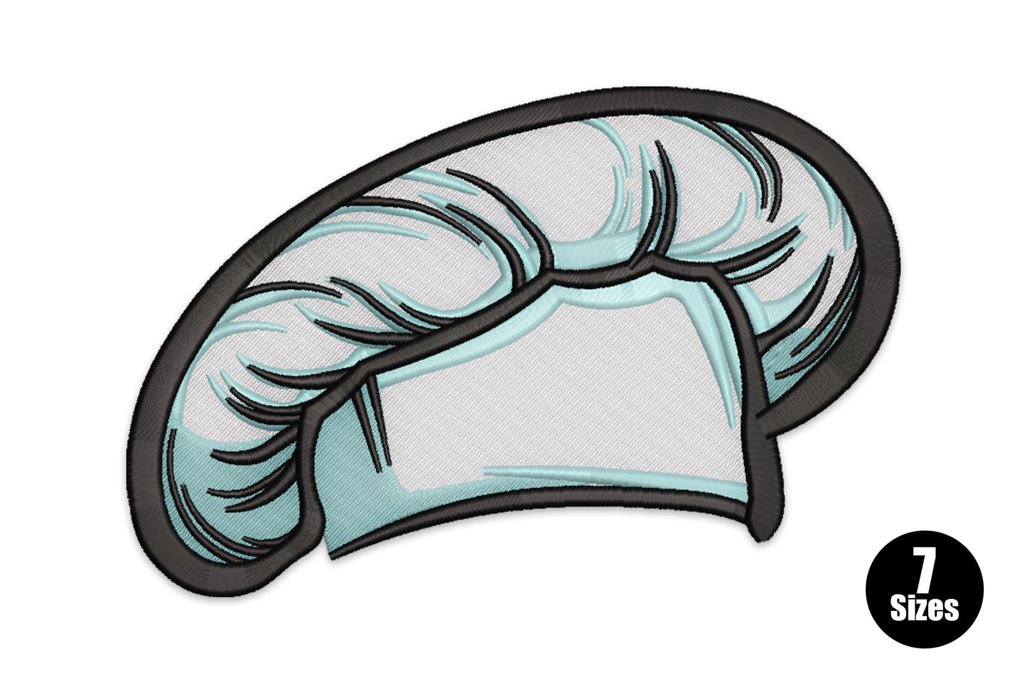 Chef hat embroidery design with white satin body, pale teal shadow fill and black curly pleating detail lines, tilted toque shape.
