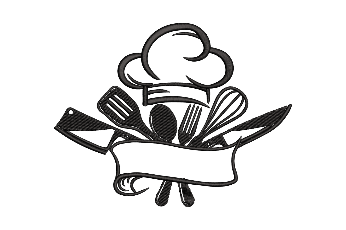 Chef hat kitchen tools banner embroidery design with spatula ladle whisk and rolling pin in symmetrical layout, single colour, 5 sizes from 2.74 to 5.81 inches wide