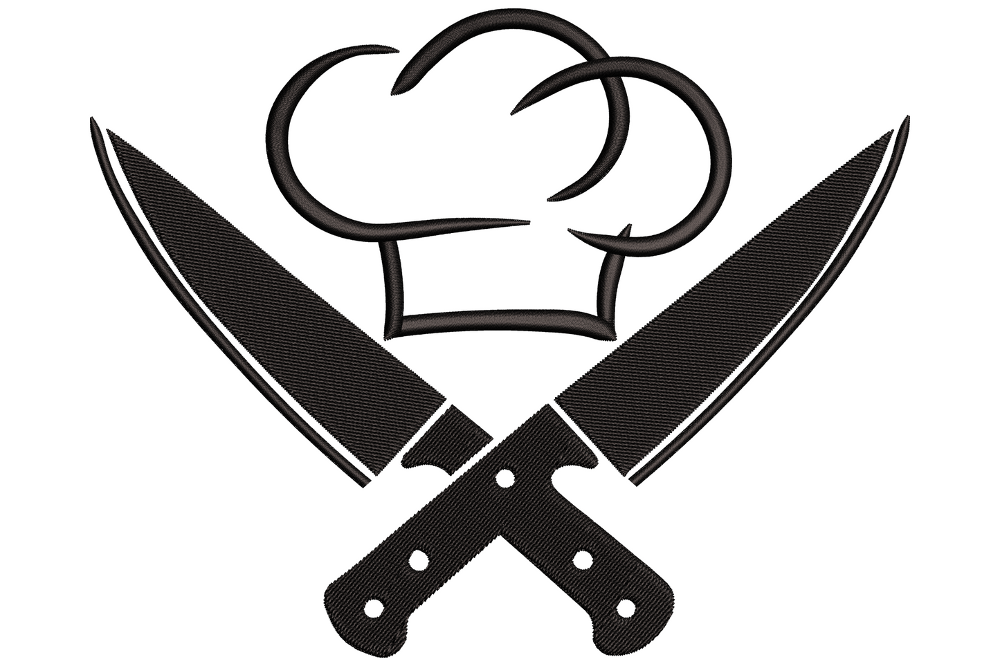 Chef hat and crossed knives embroidery crest, single colour line-art on dark twill, professional kitchen emblem.