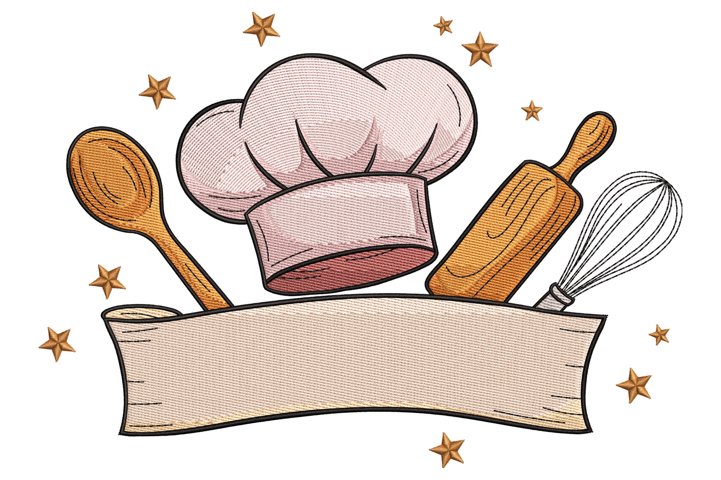 Chef hat embroidery design with pink hat, crossed wooden spoons, rolling pin and whisk over a blank banner ribbon.