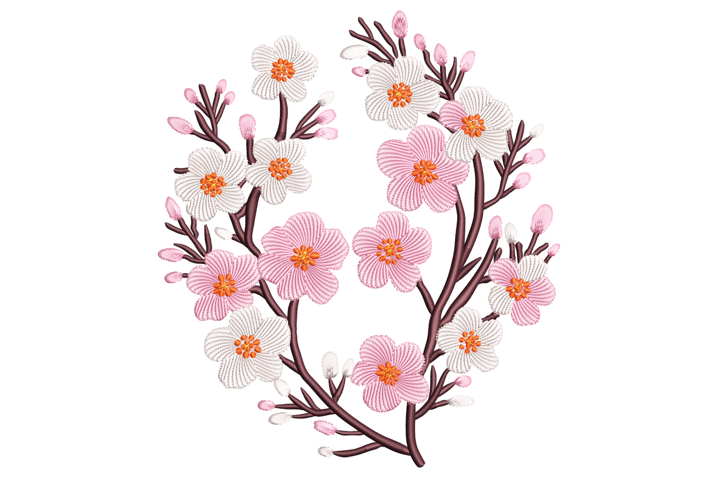 Cherry blossom heart embroidery design, branching spray of pink blooms in a loose heart shape, 5 colors with plum brown bark and blush petals, on white linen.