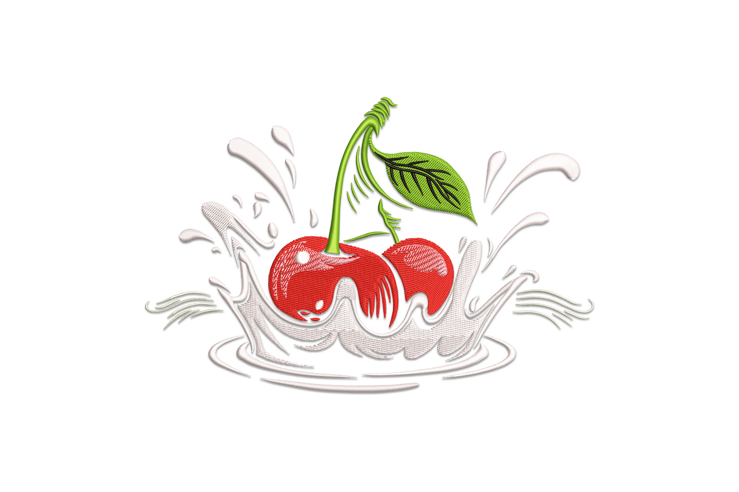 Cherry pair embroidery, deep red glossy bodies, green stem, light blue water splash droplets around the fruit on cream fabric