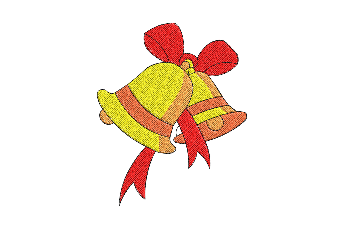 Christmas bells with red bow embroidery design, pair of golden bells side by side with orange shading and red bow at the top