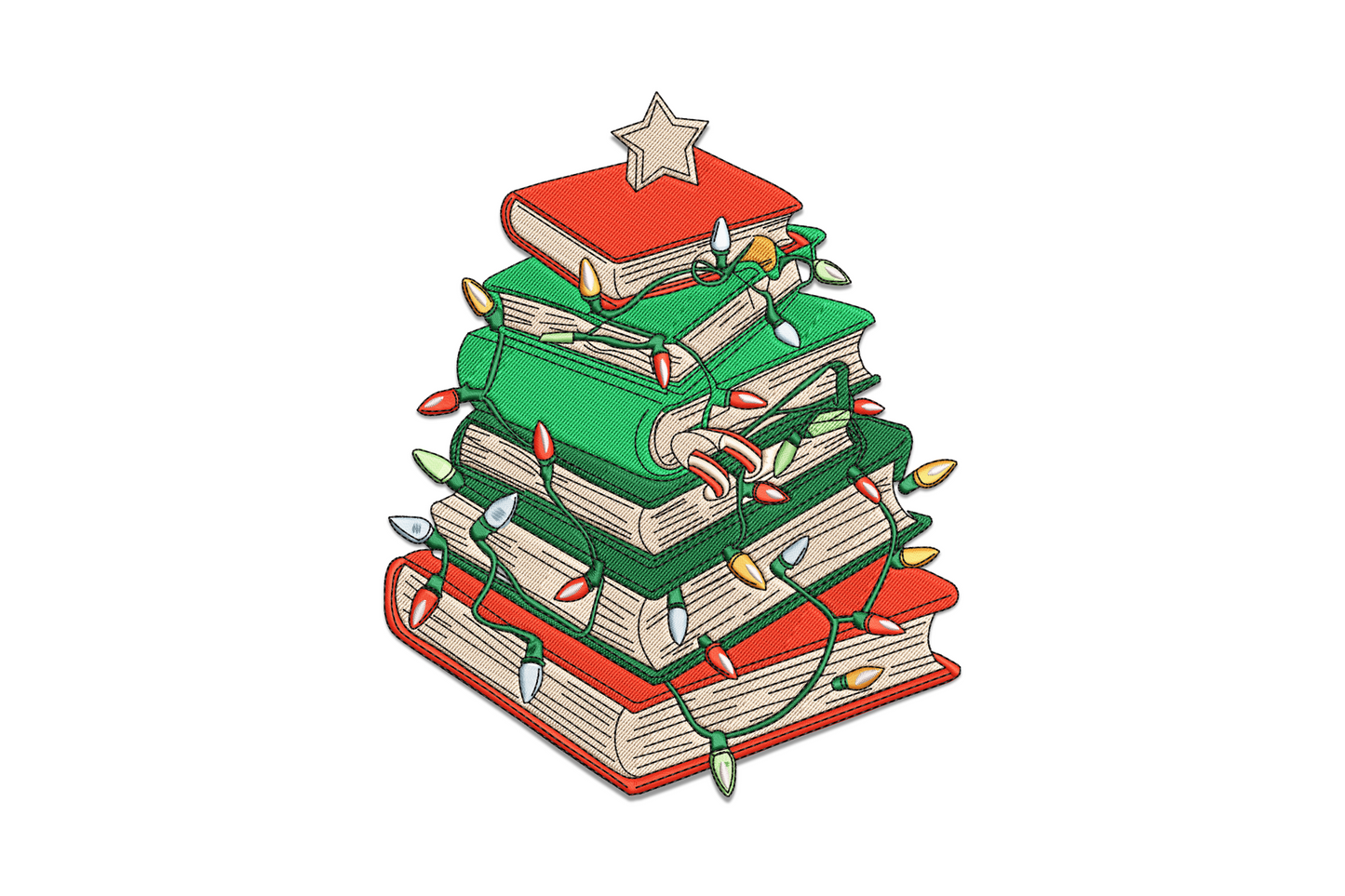 Christmas book tree with lights embroidery design showing stacked coloured books with string lights and star topper.