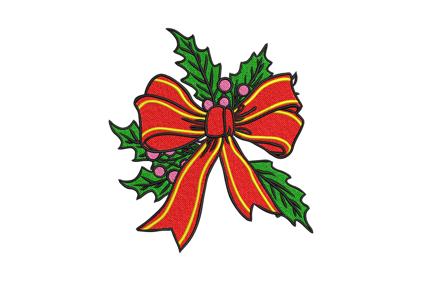 Christmas bow with holly leaves embroidery design, dense satin ribbon bow with holly branches and red berries, 5 colours, 5 sizes