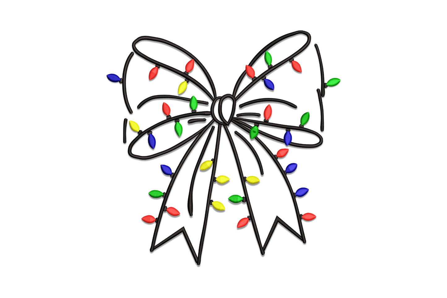 Christmas bow with lights embroidery, black outline ribbon bow strung with C9 vintage bulbs in red, green, blue, yellow.