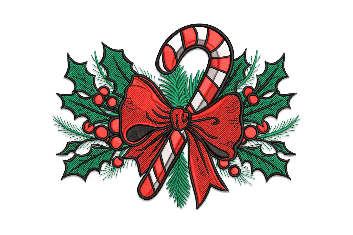 Christmas embroidery, candy cane with ribbon bow, spiky holly leaves and red berries, 6-color horizontal spray design