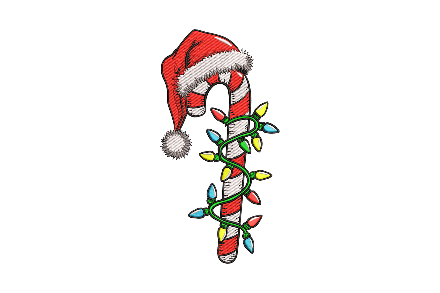 Machine embroidery of a tall candy cane with Santa hat perched on the hook, Christmas lights wrapped around the striped cane