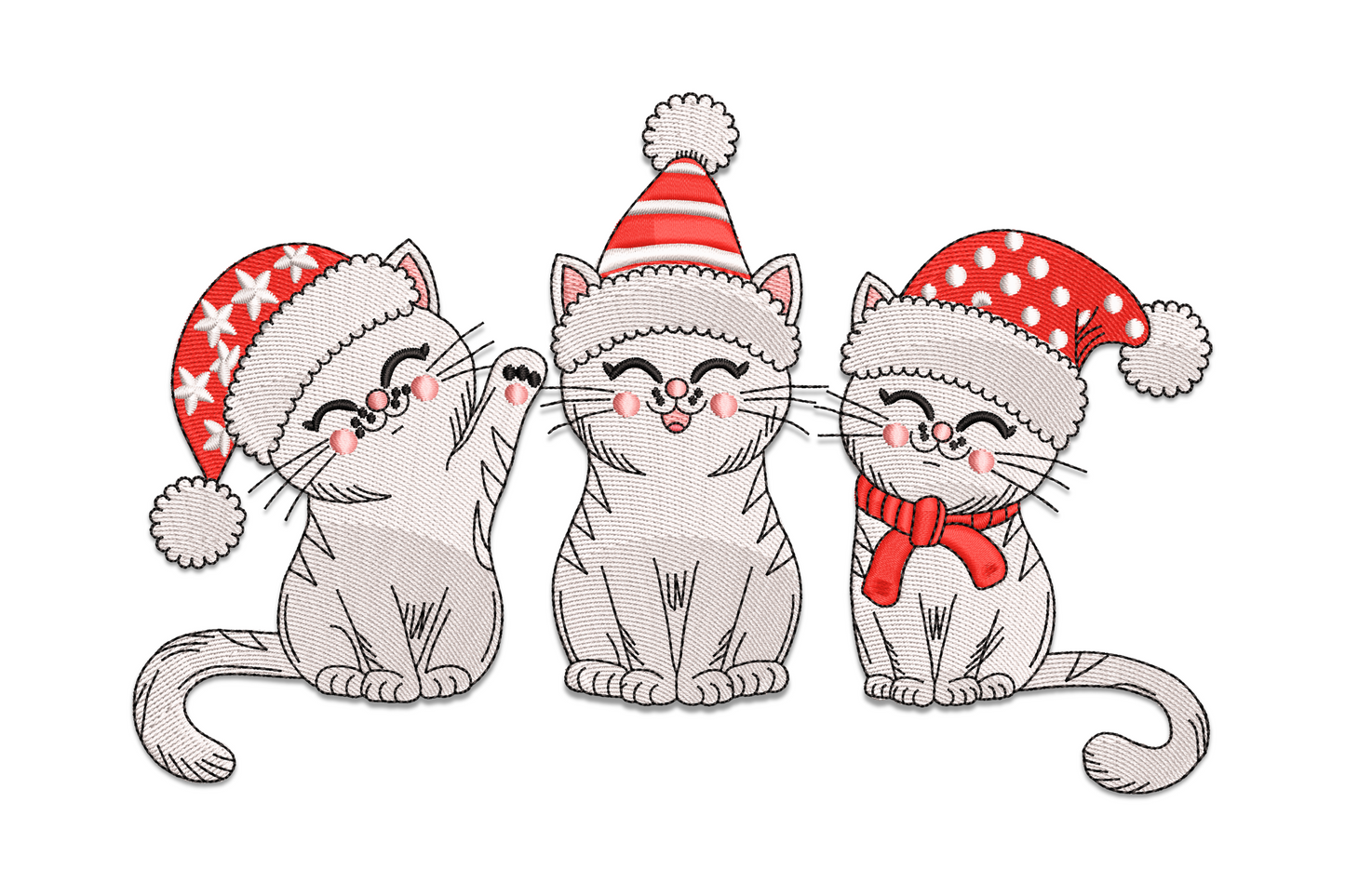 Three christmas cats embroidery design, silver-grey kittens in red santa hats with rosy cheeks, side by side, 5 colours.