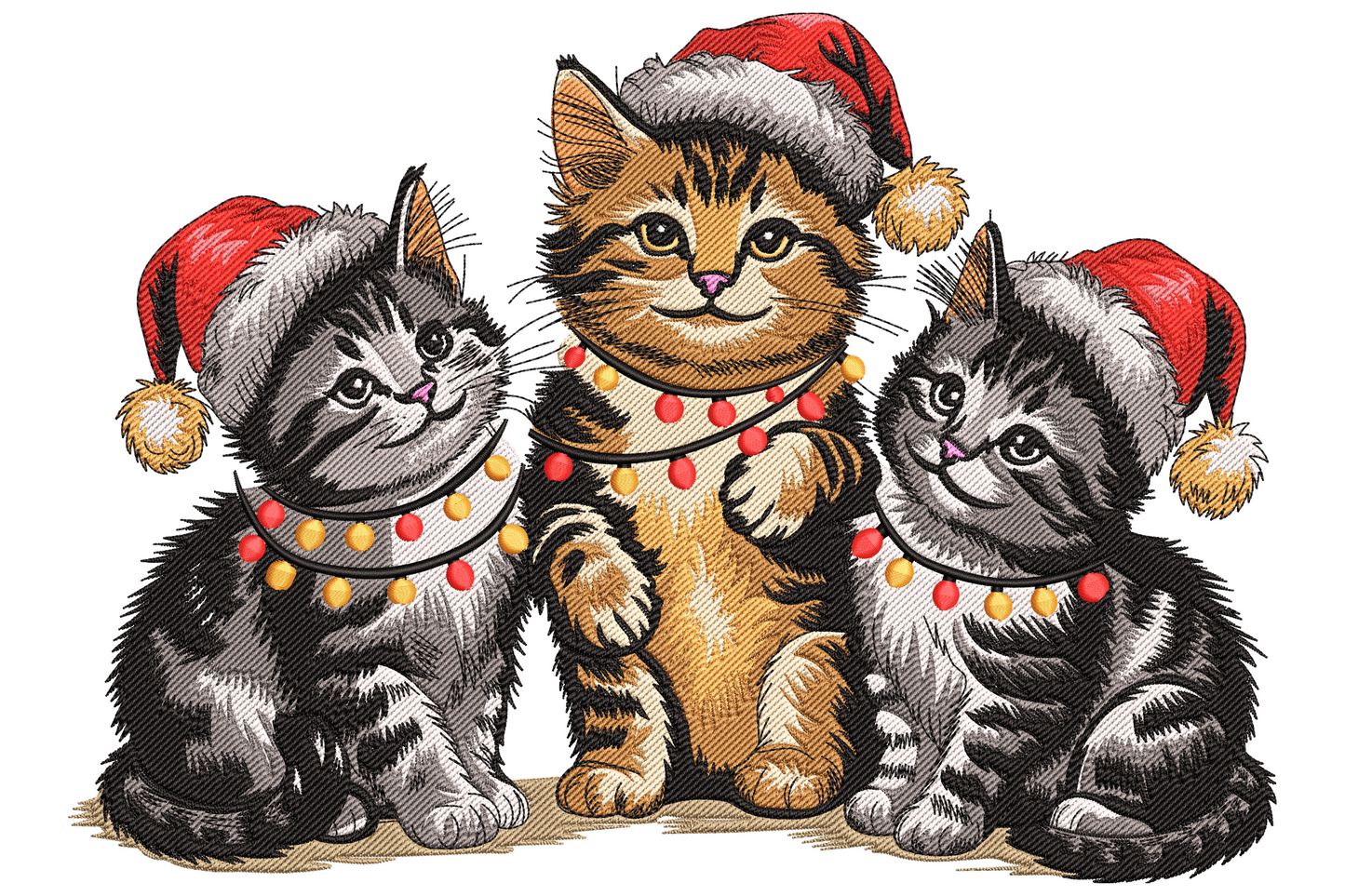 Christmas Cats Trio embroidery design showing three kittens in red Santa hats sharing a strand of alternating red and yellow Christmas lights, centre cat ginger tabby flanked by two grey tabbies.