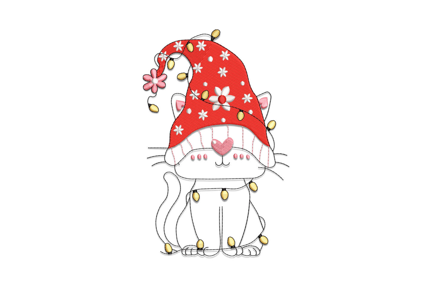Christmas cat with coloured string lights embroidery design in 6 colours across 5 sizes from 2.5 to 6.5 inches wide with multi-colour bulb sequence