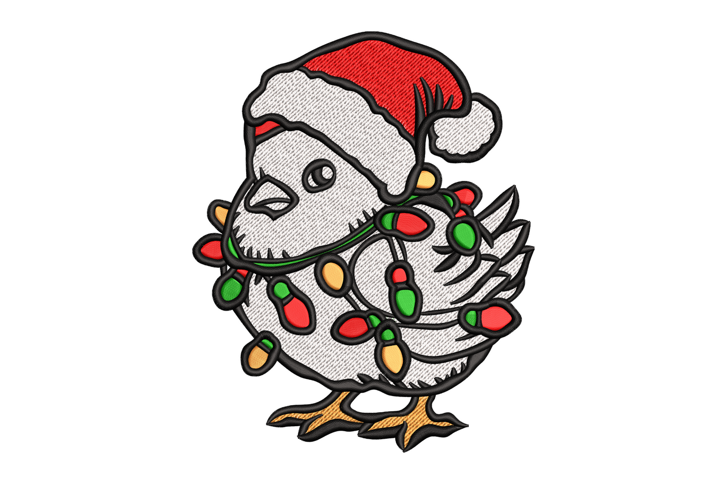 Christmas chicken embroidery design showing a round farm bird in a Santa hat and green scarf, directional satin feathers in red, cream, and gold, stitched on fabric
