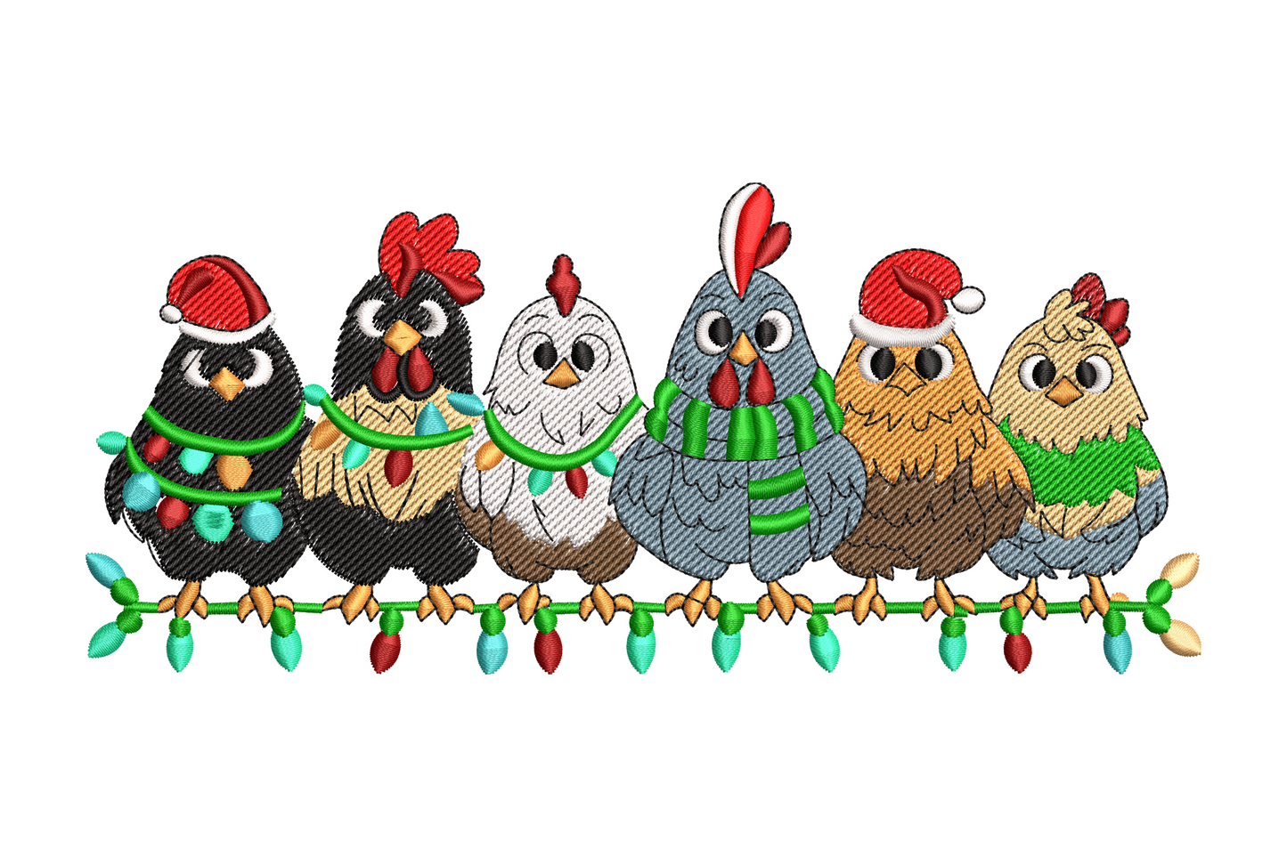 Vertical stack of round chickens perched on colourful christmas lights, tall narrow farmhouse holiday embroidery design.