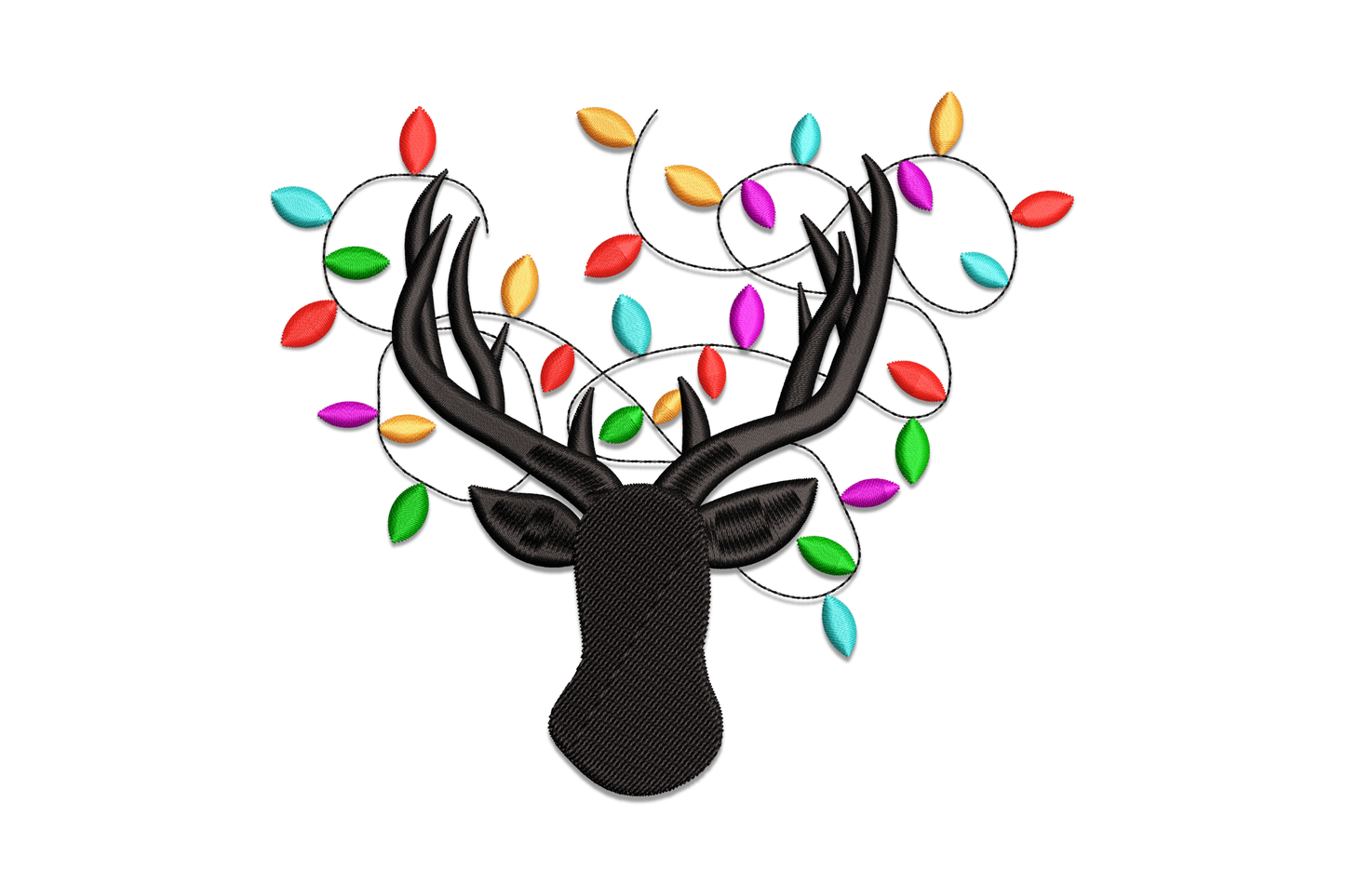 Black front-facing Christmas deer head silhouette with multicolour oval bullet lights looping through wide branching antlers.