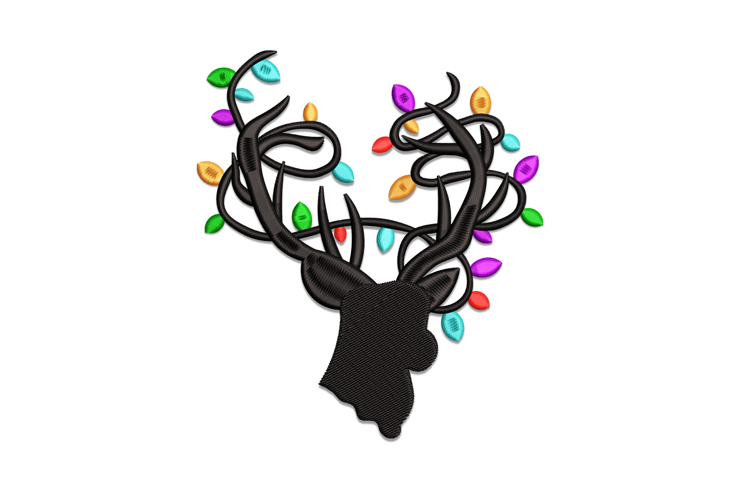 Black front-facing deer silhouette with heavily tangled overlapping antlers strung with multicolour oval string lights.