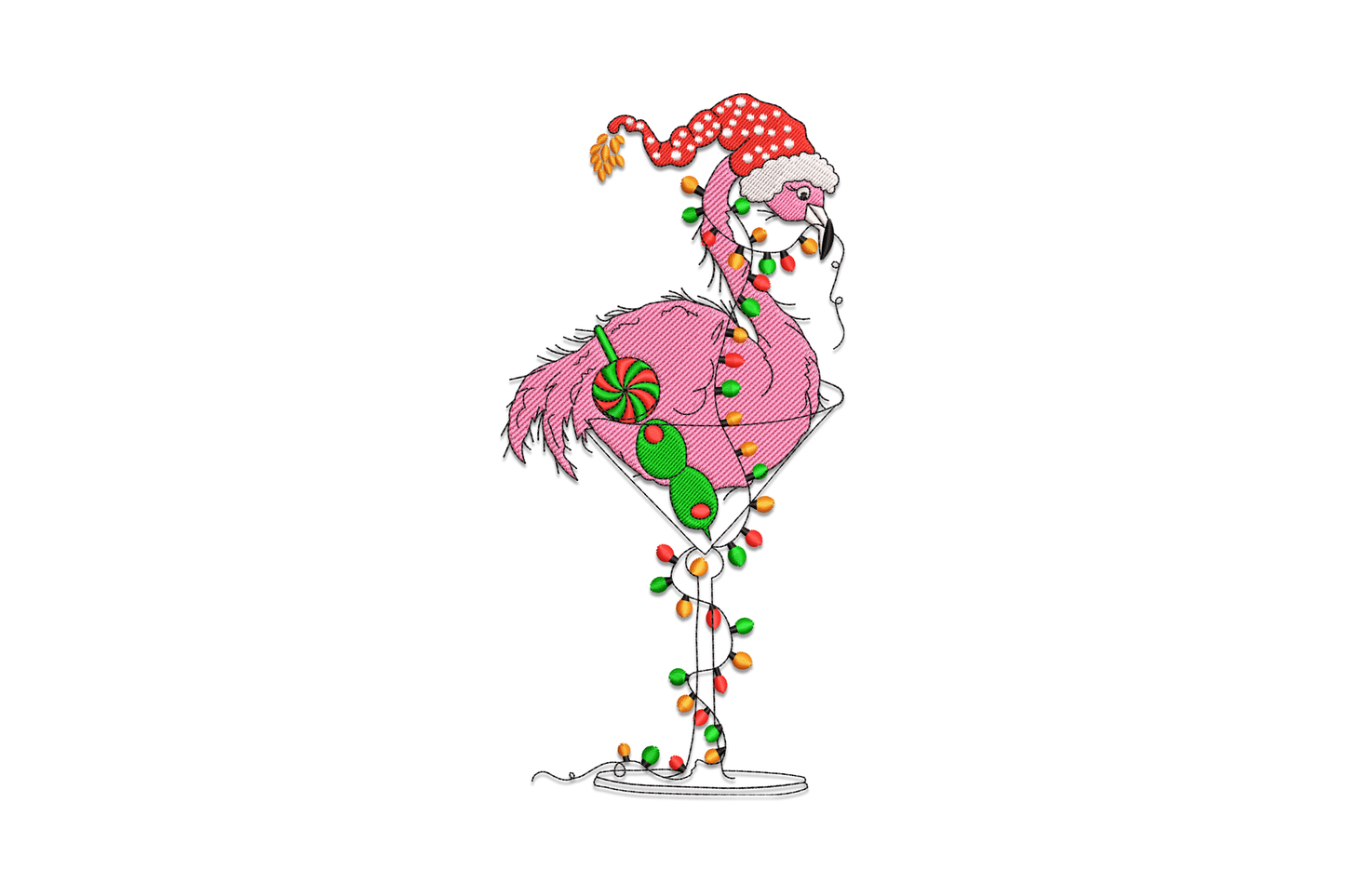 Christmas flamingo embroidery design in martini glass wearing Santa hat with holiday lights wrapped around neck, tropical holiday machine embroidery