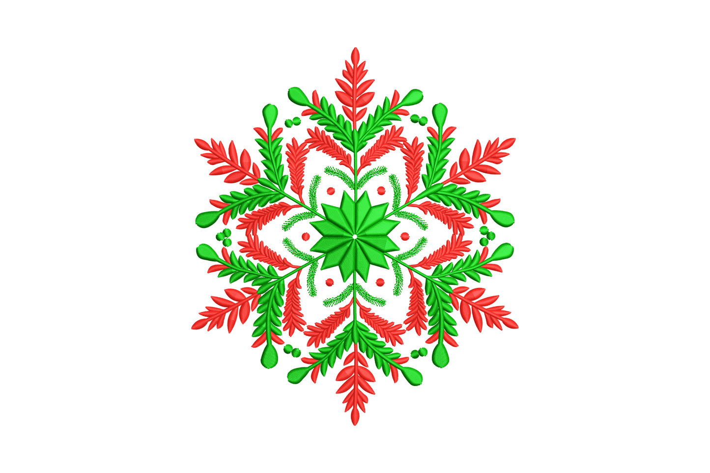 Christmas floral mandala embroidery design in red and green with feathered botanical arms and star-flower centre, up to 7.5 inches wide.