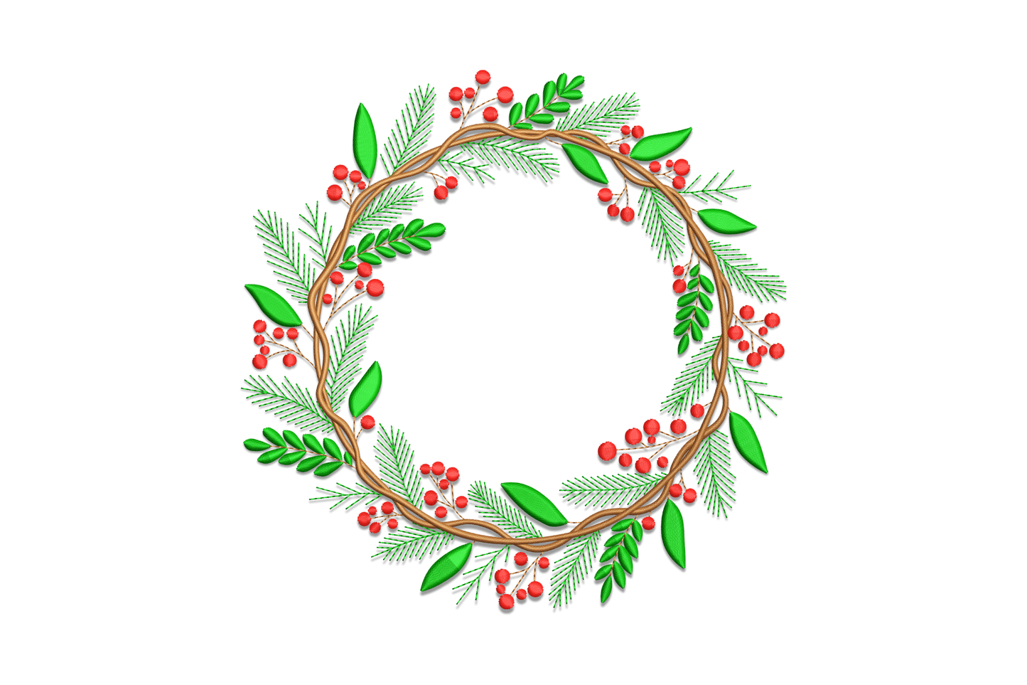 Christmas wreath embroidery design with dark green pine sprigs and broad leaves layered on a twisted brown vine ring with red berry clusters throughout, five sizes on white background