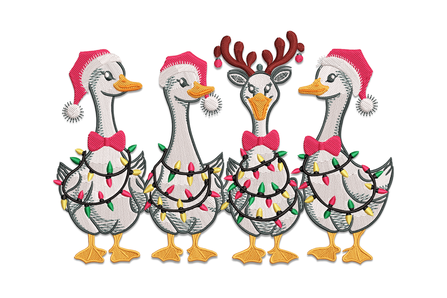 Christmas geese embroidery, four geese in Santa hats and reindeer antlers wrapped in colourful holiday lights, 13 colours