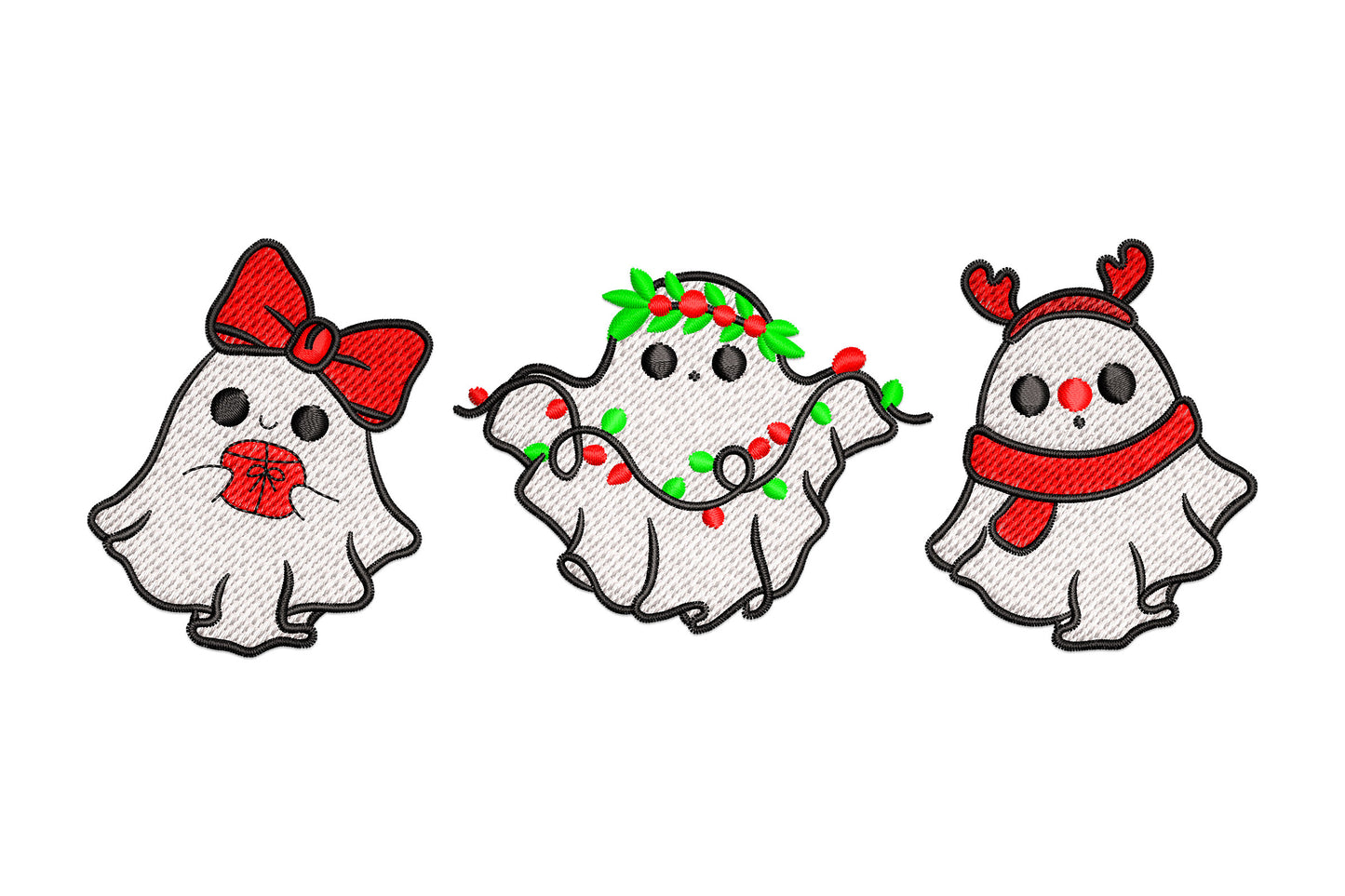 Christmas ghost trio embroidery, three white ghosts with red bow, holly fairy lights crown, and reindeer antlers scarf.