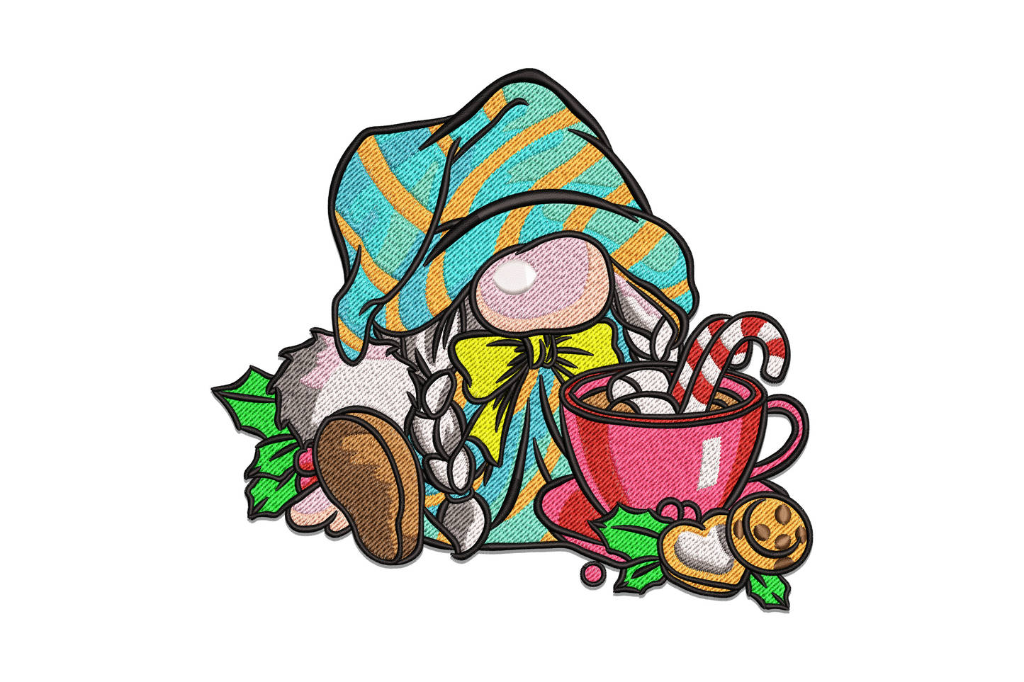 Christmas gnome embroidery, teal striped hat, red cocoa mug with candy cane, holly sprigs and gingerbread cookie