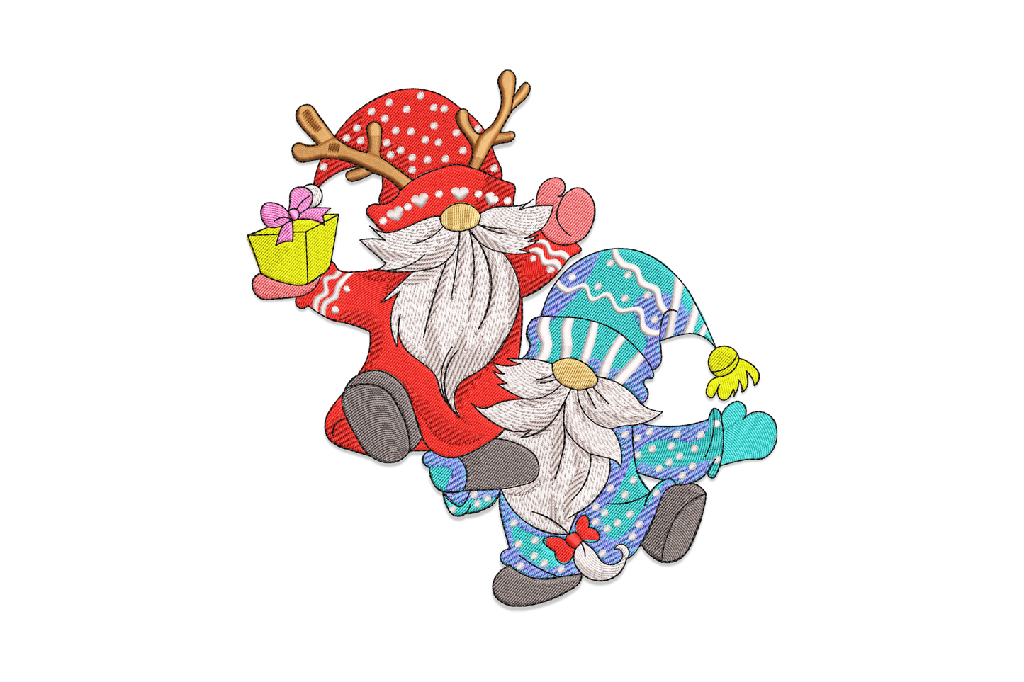 Christmas gnome duo embroidery design, two gnomes side by side, forest green hats, cream beards, tan earthy bodies.