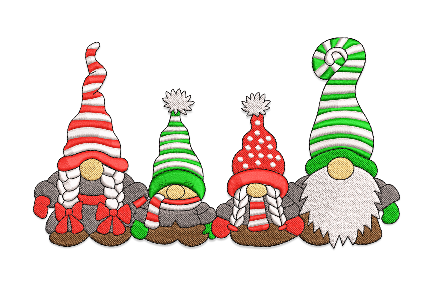 Christmas gnome family embroidery design, four gnomes in a row with striped and polka-dot hats, braided beards and bow ties in red and green.