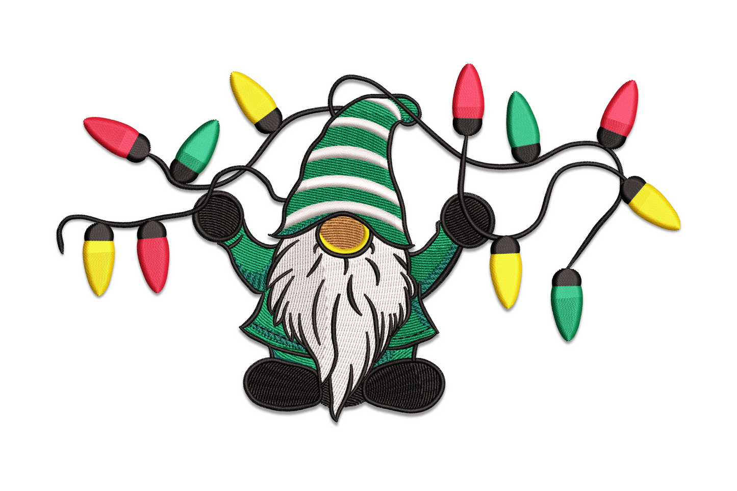 Christmas gnome embroidery design with red hat, grey beard and multicolour string lights dangling from stubby arms